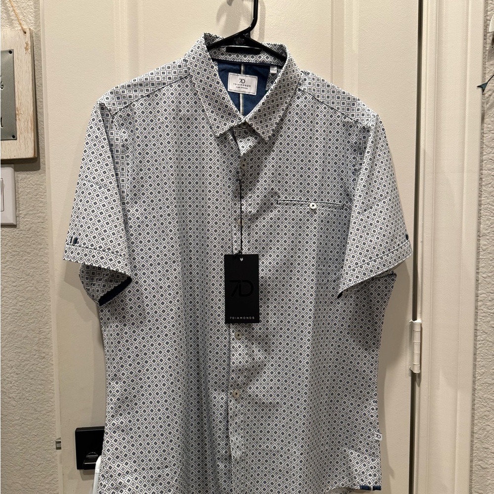 7 Diamonds Blue and White Geometric Button Down Shirt tech performance shirt.
